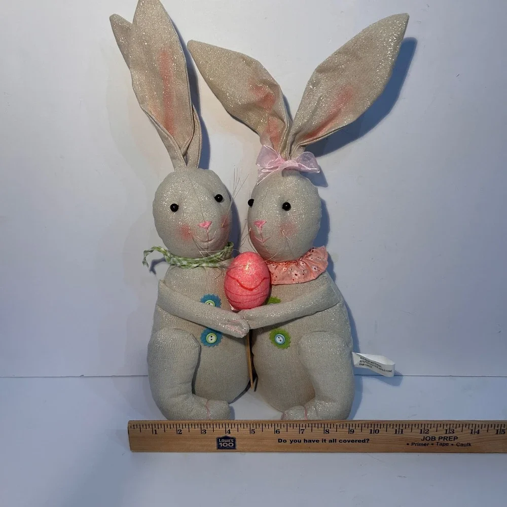 Easter Bunny Couple Figurine Shimmer Fabric Rabbits Pink Egg Spring Decor 17.5in